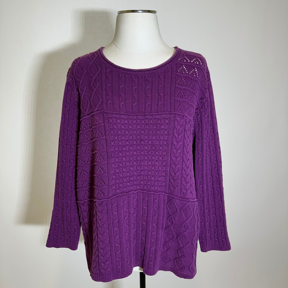 Alfred Dunner Purple Cable Knit Patchwork Sweater Womens Size Large L Mixed Knit